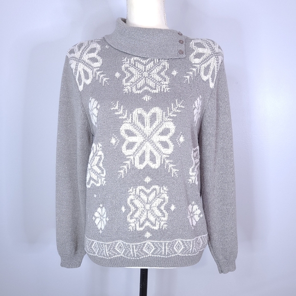 Alfred Dunner Snowflake Sweater Small Gray Metallic Turtleneck Holiday Christmas - Picture 1 of 13